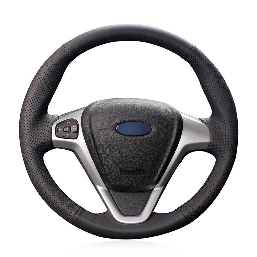 Loncky Auto Custom Fit OEM Black Genuine Leather Steering Wheel Covers for Ford Fiesta 2008 2009